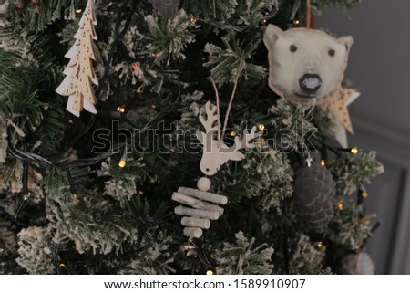 Decorative Christmas tree toy macro photo shining background 