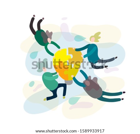 People putting together light bulb shaped puzzle. Teamwork, team, idea, business, solution, creativity concept. Trendy vector illustration about cooperation