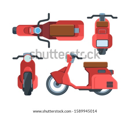 Modern red scooter bike flat illustrations set. Motorbike top and side view. Motor vehicle from different angles. Delivery transportation. Motorized transport isolated on white background