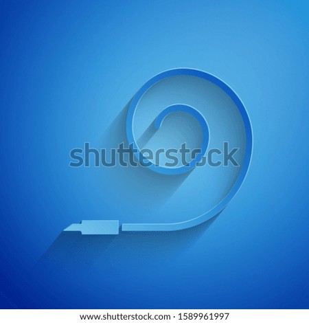 Paper cut Birthday party horn icon isolated on blue background. Paper art style. 