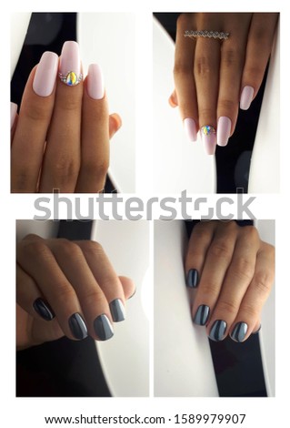 gray and pink nails with rhinestone design and pearl coating