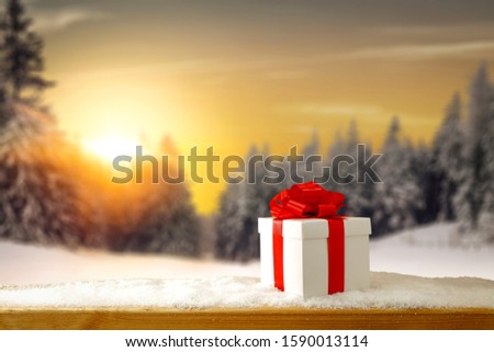 Winter background of snow with free space for your decoration and xmas time.Landscape of forest with frost and sunnset time.Orange december sky and copy space. 