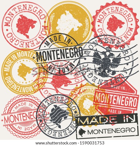 Montenegro Set of Stamps. Travel Passport Stamp. Made In Product. Design Seals Old Style Insignia. Icon Clip Art Vector.