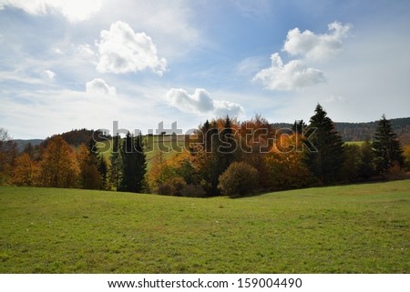 Mountain Autumn Landscape with Colorful Forest and Green Field