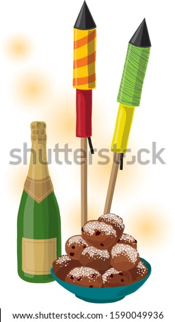 Traditional dutch old new year with oliebollen fireworks and champagne Royalty-Free Stock Photo #1590049936