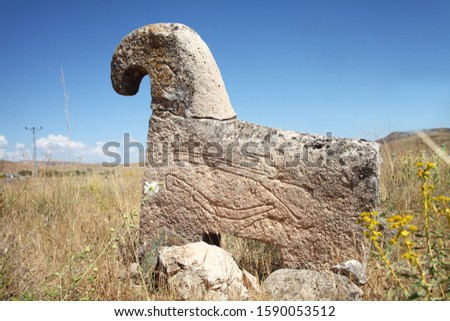 Historical artifacts ,Anatolian  antique stone tombs Royalty-Free Stock Photo #1590053512
