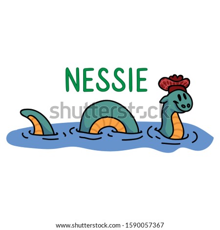 Adorable Cartoon Sea Monster Clip Art. Wild Mythical Animal Icon. Hand Drawn Legendary Beast from Lake Text Motif Illustration Doodle in Flat Color. Isolated Loch Ness. Vector EPS 10.  Royalty-Free Stock Photo #1590057367