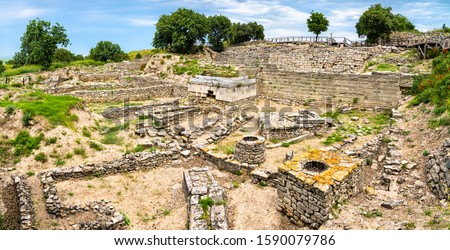 Ruins of the Ancient City of Troy. UNESCO world heritage in Turkey Royalty-Free Stock Photo #1590079786