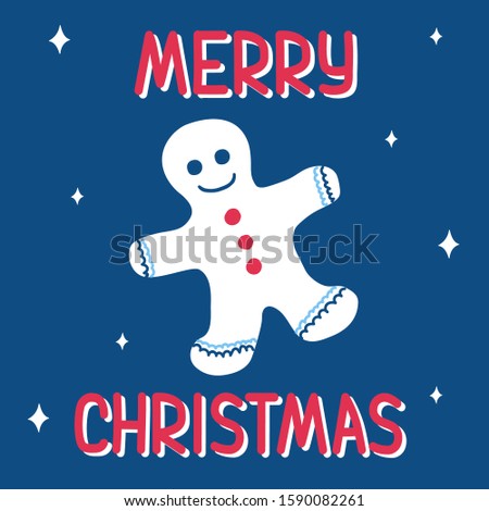 Christmas gingerbread man on a classic blue background with a pattern of snowflakes in scandinavian doodle style with lettering. Vector illustration - suitable for a greeting card or banner