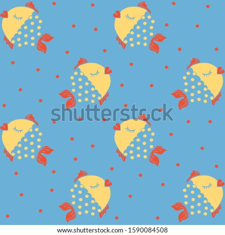 Seamless vector pattern with fishes and dots on blue background. Cute baby goldfish wallpaper design. Ideal for baby showers.