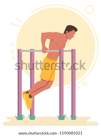 Flat design illustration with male character doing dips on parallel bars outdoors, on a hot summer day.
