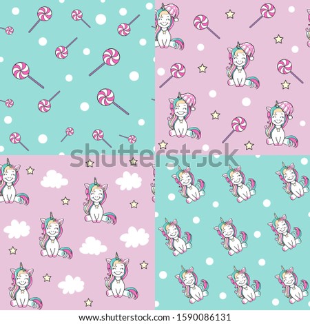 Isolated beautiful unicorn on a blue and pink background seamless pattern