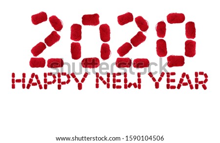 HAPPY NEW YEAR 2020 written with wool balls isolated in white background with copy space, creative photo of Happy New Year 2020, perfect for wallpaper and background