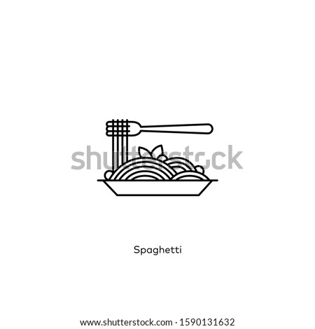 Spaghetti Line Icon with Editable Stroke on White Background. Spaghetti and Fork and Plate and Basil Icon Royalty-Free Stock Photo #1590131632