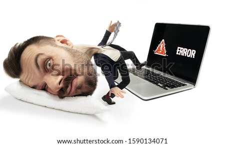 Work doesn't go on, has no deals. Big head on small body lying on the pillow. Man can't wake up and walk to work 'cause headache and overslept. Concept of business, working, hurrying up, time limits. Royalty-Free Stock Photo #1590134071