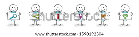 Hand drawn cartoon people holding whiteboard with business icons. Vector