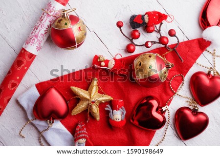 jolly traditional  Christmas set with decorations and gifts.  around white background. flat lay