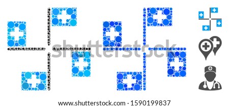 Hospital flags composition of small circles in different sizes and color hues, based on hospital flags icon. Vector small circles are organized into blue illustration.