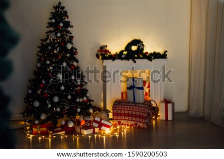 Christmas tree with presents, Garland lights new year winter holiday