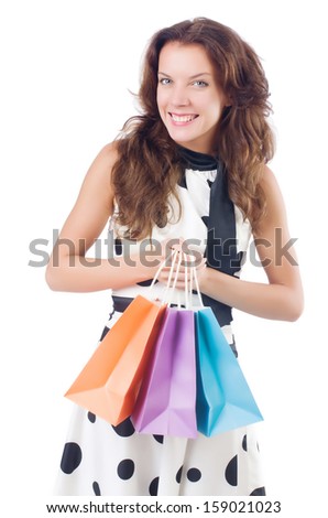 Girl after good shopping on white