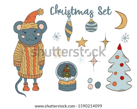 Christmas new year clip art set. Cute mouse in a sweater and hat, Christmas decorations, snow globe, decorated tree, moon and stars and more. Vector illustration.