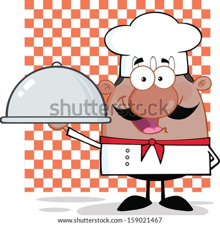 Happy African American Chef Character Holding A Platter. Vector Illustration 
