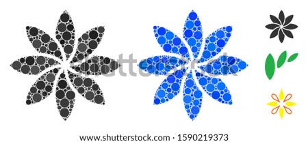 Abstract flower mosaic of small circles in different sizes and color hues, based on abstract flower icon. Vector filled circles are grouped into blue composition.