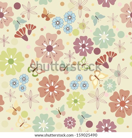 Flowers and butterflies seamless  - illustration, vector 