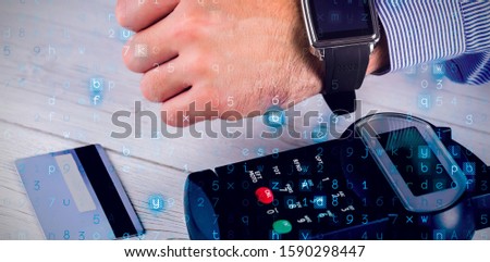 Virus background against man using smart watch to express pay 