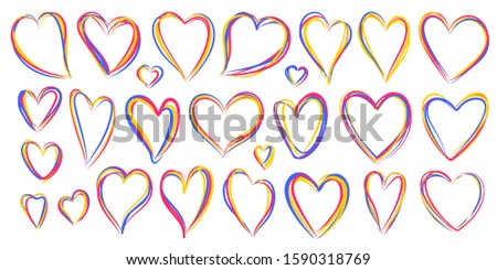 Hearts multicolour icons, lgbt rainbow lesbian, gay, bisexual love sign. Valentines day, 14 february, wedding, romantic symbol set. Hand drawn doodle style, concept isolated vector illustration