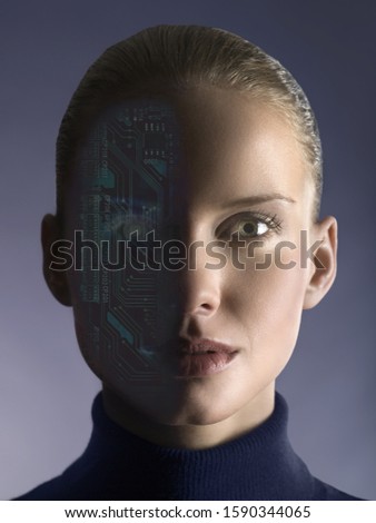 Woman with circuit board on half of face