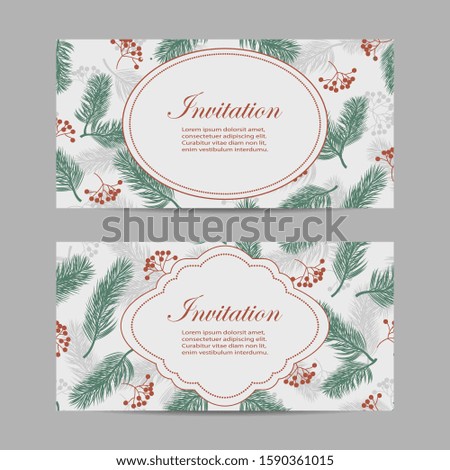 Set of horizontal bnners with rowan berries and fir branches. Vector illustration on beige background.