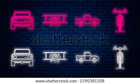 Set line Old retro vintage plane, Pickup truck, Off road car and Bicycle. Glowing neon icon on brick wall. Vector