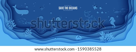 Paper cut butterfly fish, seahorse, moonfish, turtle, crab, octopus. Paper craft layered background under ocean cave with fishes coral reef seabed in algae waves. Vector sea marine life concept Royalty-Free Stock Photo #1590385528