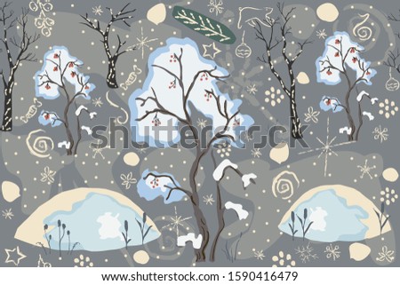 Seamless Winter pattern with merry Christmas tree, berry tree covered with snow and snowdrifts. Repeating winter pattern. Vector Illustration