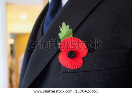Red Poppy Pinned on to Suit Jacket - Remembrance Day