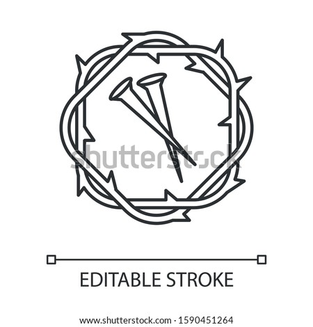 Crown of thorns and nails linear icon. Symbols of Passion of Jesus Christ. Easter wreath, spikes. Good Friday. Thin line illustration. Contour symbol. Vector isolated outline drawing. Editable stroke