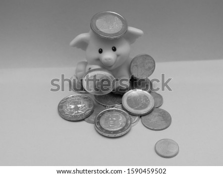 Small pink pig smiling, sitting on euros coins and holding some money. Black and white shots showing pig with money on trotters and head.