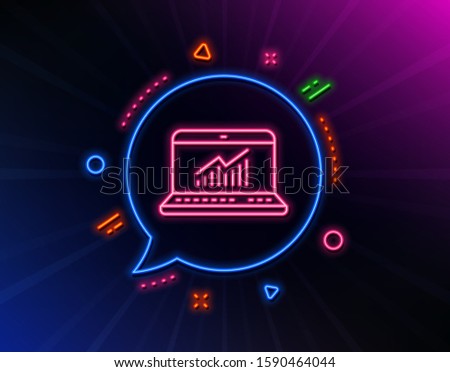 Data Analysis and Statistics line icon. Neon laser lights. Report graph or Chart sign. Computer data processing symbol. Glow laser speech bubble. Neon lights chat bubble. Vector