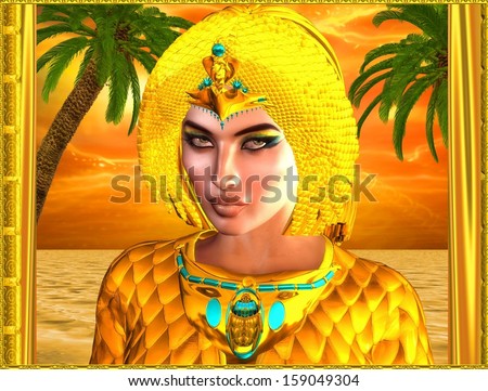 Close up face of Egyptian royal woman with palm trees in background against an orange sunset sky and ocean. Can depict Cleopatra, Nefertiti, Hatshepsut or any Ancient Egyptian female pharaoh or queen.