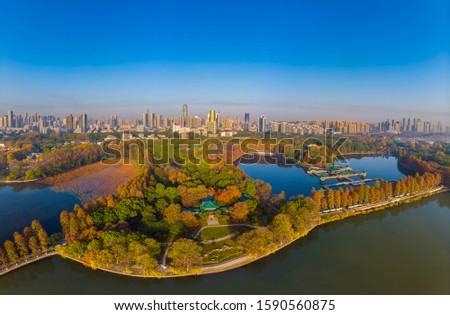 Aerial photography scenery of Tingtao Scenic Area in East Lake, Wuhan, Hubei in late autumn