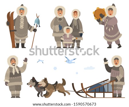 Set of inuits wearing traditional warm clothes. Isolated eskimos people family mother, father and kid. Person with musical instrument. Male with hunted fish. Character with sled dogs outdoors vector Royalty-Free Stock Photo #1590570673