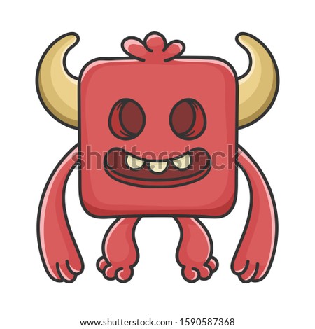 Creepy red square Devil cartoon monster isolated on white