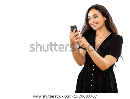 expression and people concept - happy woman with cell phone funny face over white background. Adult over 20 years of age.