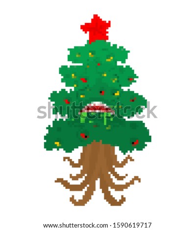 Christmas tree monster pixel art. Fir mutant 8 bit. Angry Xmas and New Year vector illustration