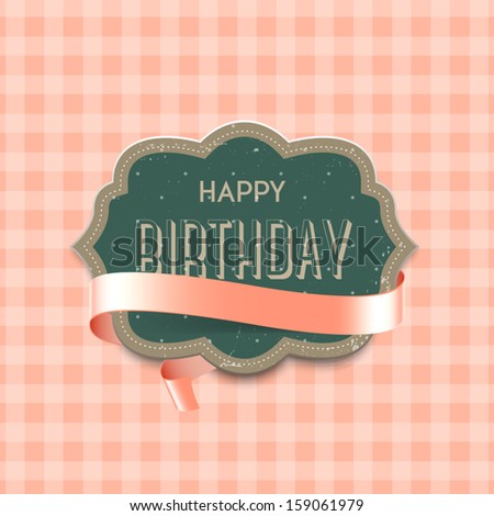 Vector vintage die-cut birthday greeting card with pale pink glossy ribbon on cute pink background