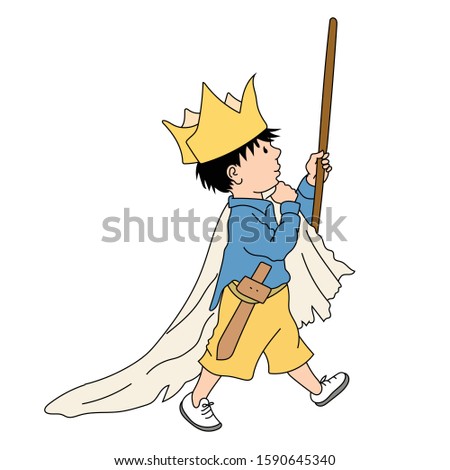 Costume party. A child wearing a crown and holding a stick and a blanket. A child is playing. A child dressed as a king