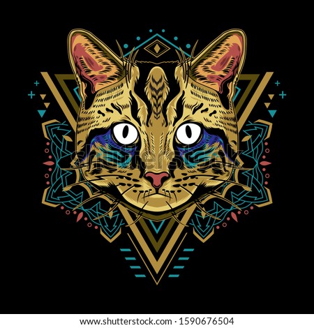 Cute cat mandala geometry vector illustration on black background for t-shirt, sticker, posters. Animal tattoo style