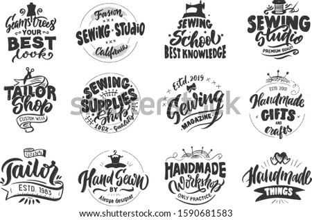Black set of Tailor, sewing, handmade emblems, logos, phrases, stamps, labels, badges, stickers. Lettering compositions for shop, postcard, etc. Vector illustration collection. Hand drawn style.