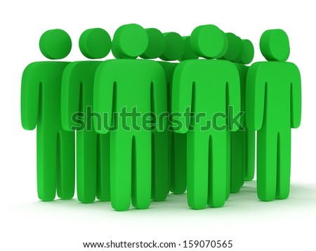 Group of stylized green people stand on white. Isolated 3d render icon. Teamwork, business concept.
